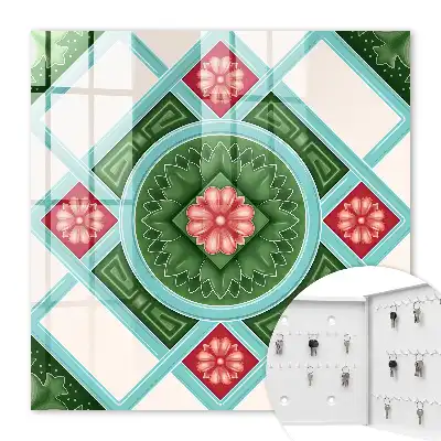 Wall mounted key cabinet Floral geometry red blue