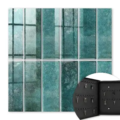 Wall mounted key cabinet Turquoise tiles enrich the space