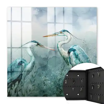 Wall mounted key cabinet Watercolor herons surrounded by greenery