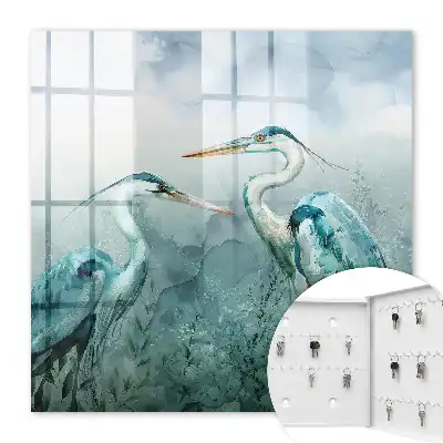 Wall mounted key cabinet Watercolor herons surrounded by greenery