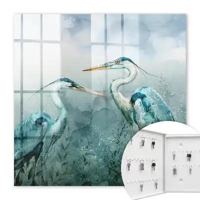 Wall mounted key cabinet Watercolor herons surrounded by greenery