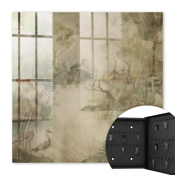 Wall mounted key cabinet Idyllic nature with birds and vegetation