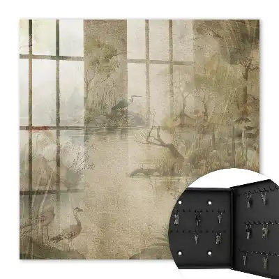 Wall mounted key cabinet Idyllic nature with birds and vegetation