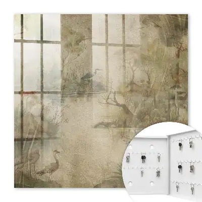 Wall mounted key cabinet Idyllic nature with birds and vegetation