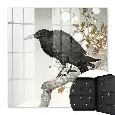Wall mounted key cabinet Black raven on a branch with flowers