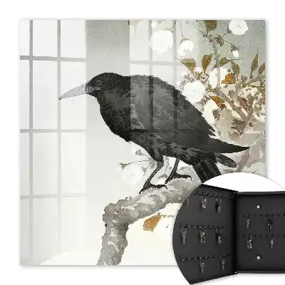 Wall mounted key cabinet Black raven on a branch with flowers