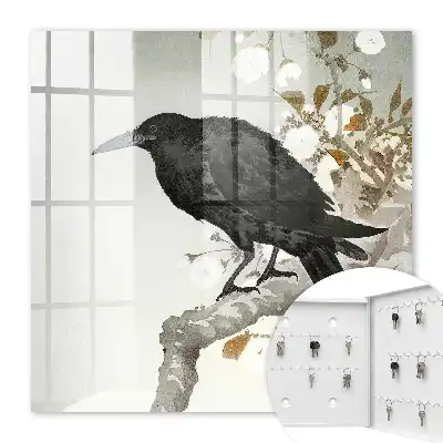 Wall mounted key cabinet Black raven on a branch with flowers