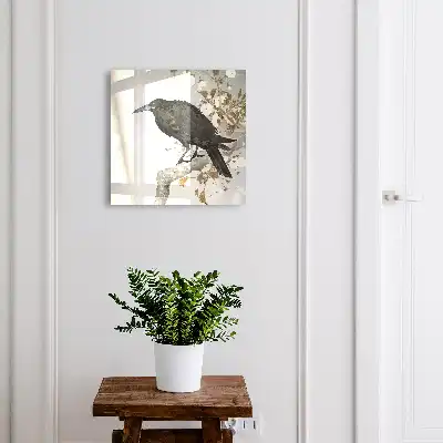 Wall mounted key cabinet Black raven on a branch with flowers