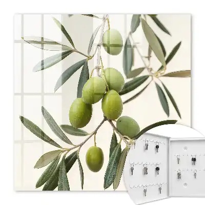 Wall mounted key cabinet A branch with olives in the cream background