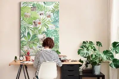 Cork pin board with watercolor forest leaves print