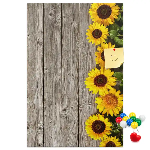 Cork Pin Board with Sunflowers on Wood Background