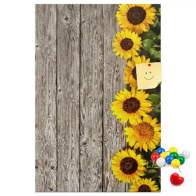 Cork Pin Board with Sunflowers on Wood Background