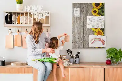 Cork Pin Board with Sunflowers on Wood Background