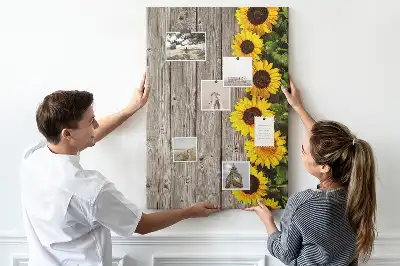 Cork Pin Board with Sunflowers on Wood Background