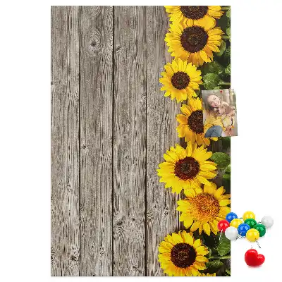 Cork Pin Board with Sunflowers on Wood Background