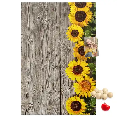 Cork Pin Board with Sunflowers on Wood Background