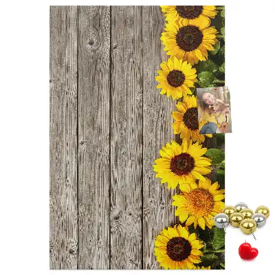 Cork Pin Board with Sunflowers on Wood Background