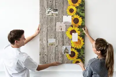 Cork Pin Board with Sunflowers on Wood Background