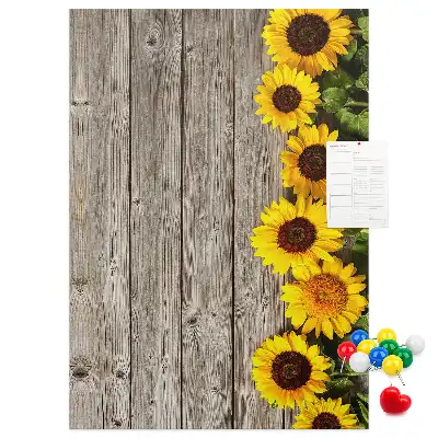Cork Pin Board with Sunflowers on Wood Background