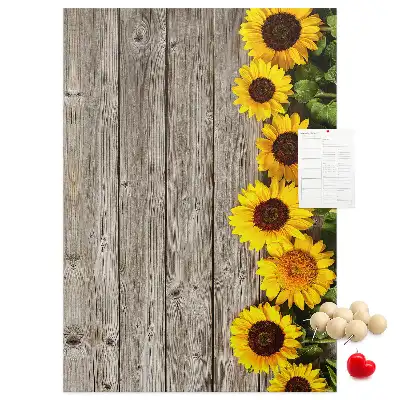 Cork Pin Board with Sunflowers on Wood Background