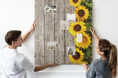 Cork Pin Board with Sunflowers on Wood Background