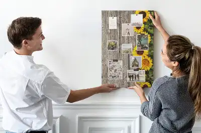 Cork Pin Board with Sunflowers on Wood Background