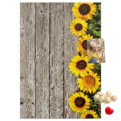 Cork Pin Board with Sunflowers on Wood Background