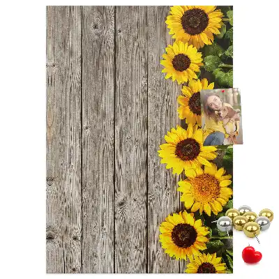 Cork Pin Board with Sunflowers on Wood Background
