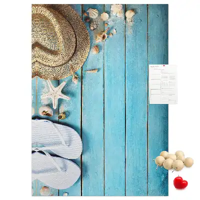 Cork note board with summer hat and flip-flops design