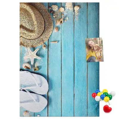 Cork note board with summer hat and flip-flops design