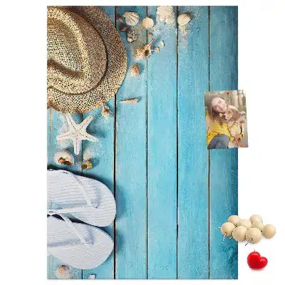 Cork note board with summer hat and flip-flops design