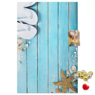 Shells on wood wall cork memo board