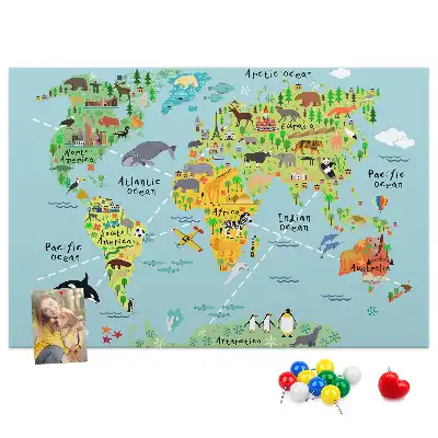 Printed Cork Board World map with animals