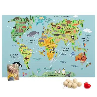 Printed Cork Board World map with animals