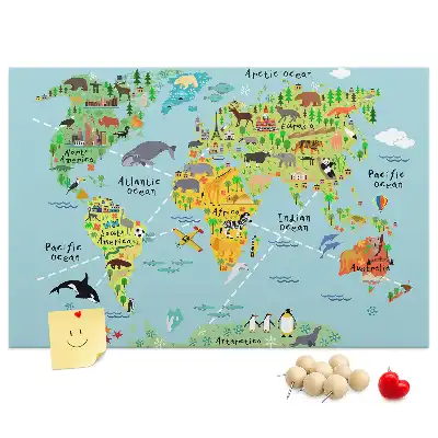 Printed Cork Board World map with animals