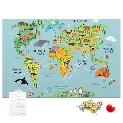Printed Cork Board World map with animals