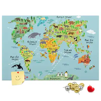 Printed Cork Board World map with animals