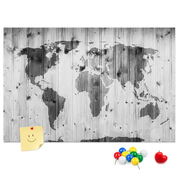 Printed Cork Memo Board World Map on wood