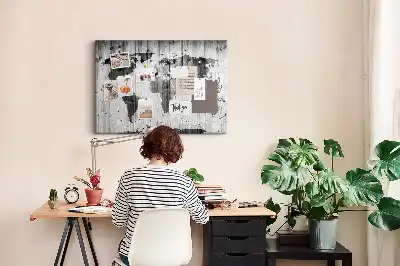 Printed Cork Memo Board World Map on wood
