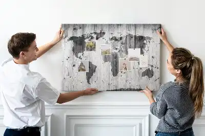 Printed Cork Memo Board World Map on wood