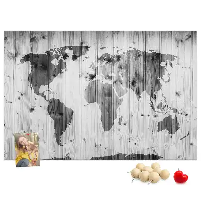 Printed Cork Memo Board World Map on wood
