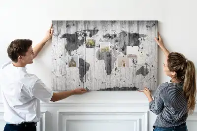Printed Cork Memo Board World Map on wood