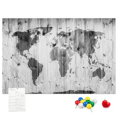 Printed Cork Memo Board World Map on wood