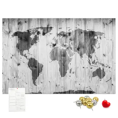 Printed Cork Memo Board World Map on wood