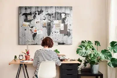 Printed Cork Memo Board World Map on wood