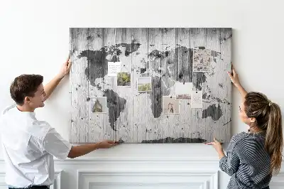 Printed Cork Memo Board World Map on wood