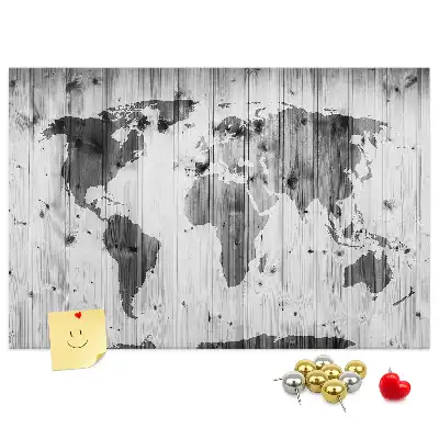 Printed Cork Memo Board World Map on wood