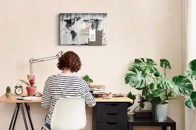 Printed Cork Memo Board World Map on wood