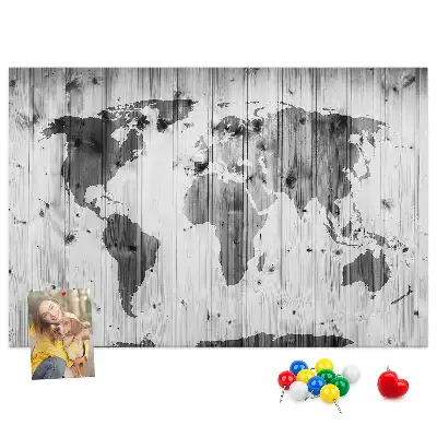 Printed Cork Memo Board World Map on wood