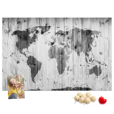Printed Cork Memo Board World Map on wood